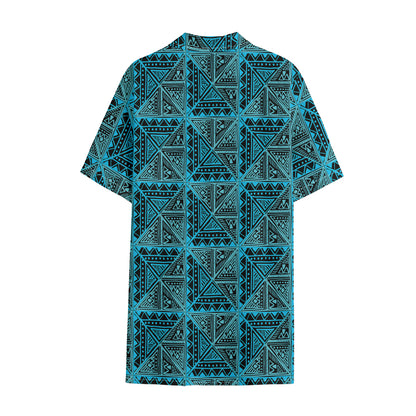 Turquoise African Ethnic Pattern Print Cotton Hawaiian Shirt