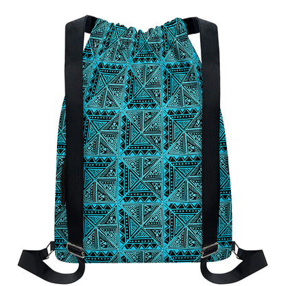 Turquoise African Ethnic Pattern Print Drawstring Backpack