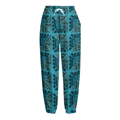 Turquoise African Ethnic Pattern Print Fleece Lined Knit Pants