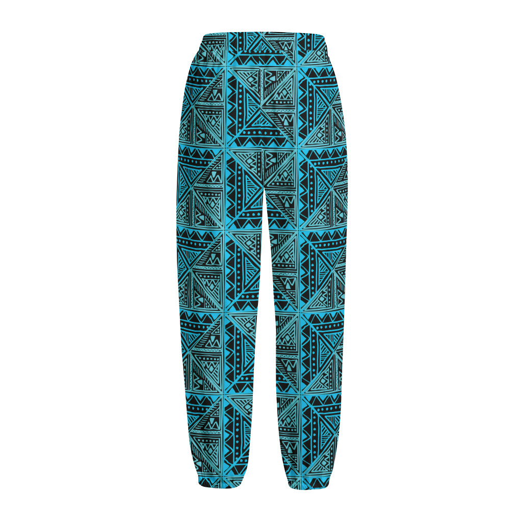Turquoise African Ethnic Pattern Print Fleece Lined Knit Pants
