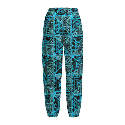 Turquoise African Ethnic Pattern Print Fleece Lined Knit Pants