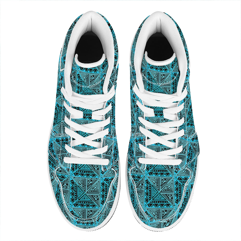 Turquoise African Ethnic Pattern Print High Top Leather Sneakers