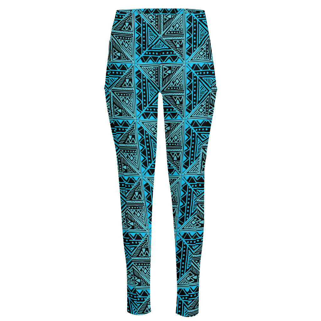 Turquoise African Ethnic Pattern Print High-Waisted Pocket Leggings