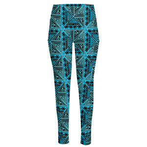 Turquoise African Ethnic Pattern Print High-Waisted Pocket Leggings