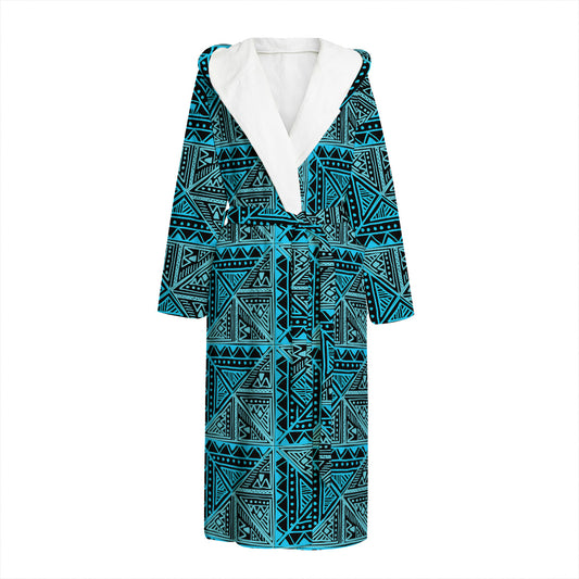 Turquoise African Ethnic Pattern Print Hooded Bathrobe