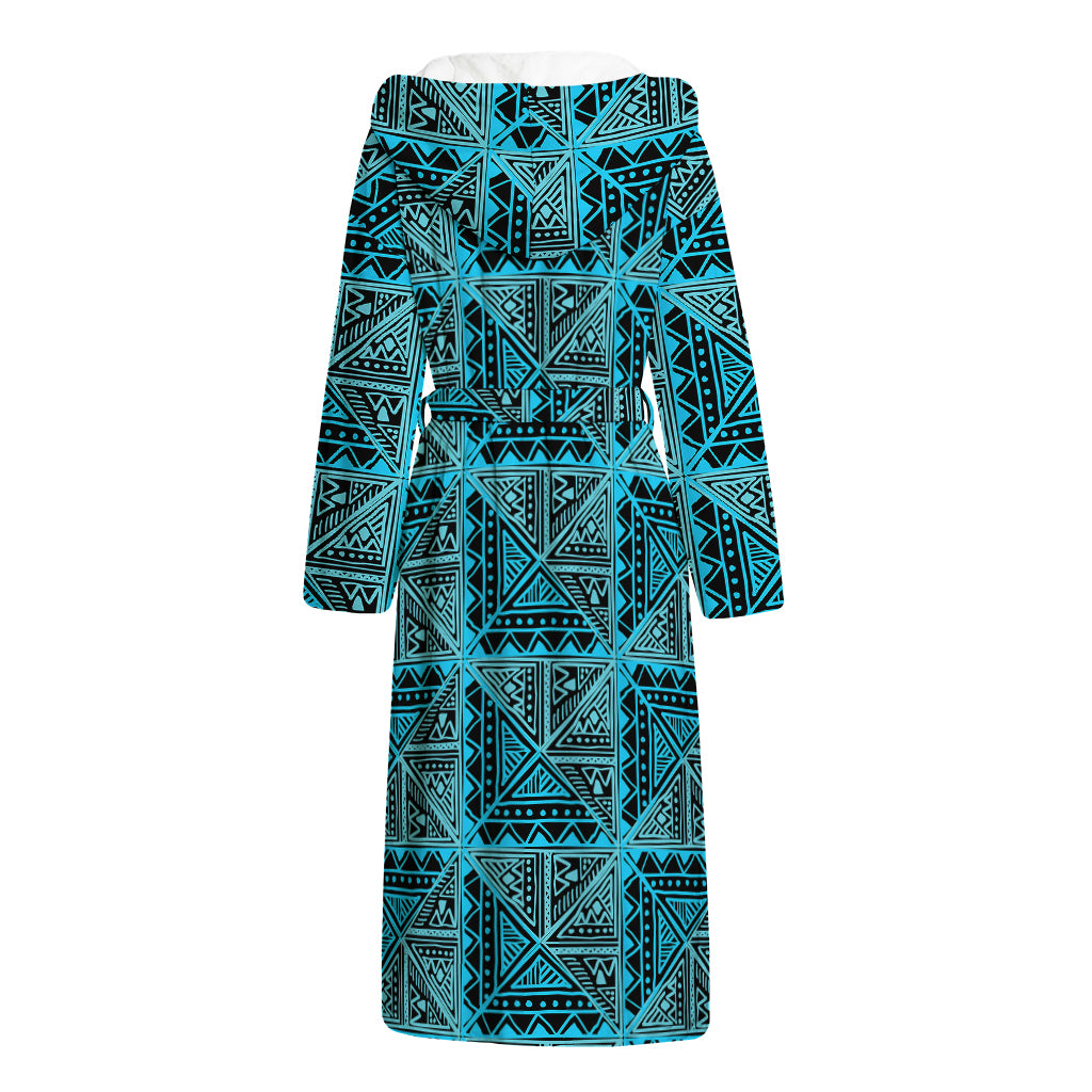 Turquoise African Ethnic Pattern Print Hooded Bathrobe