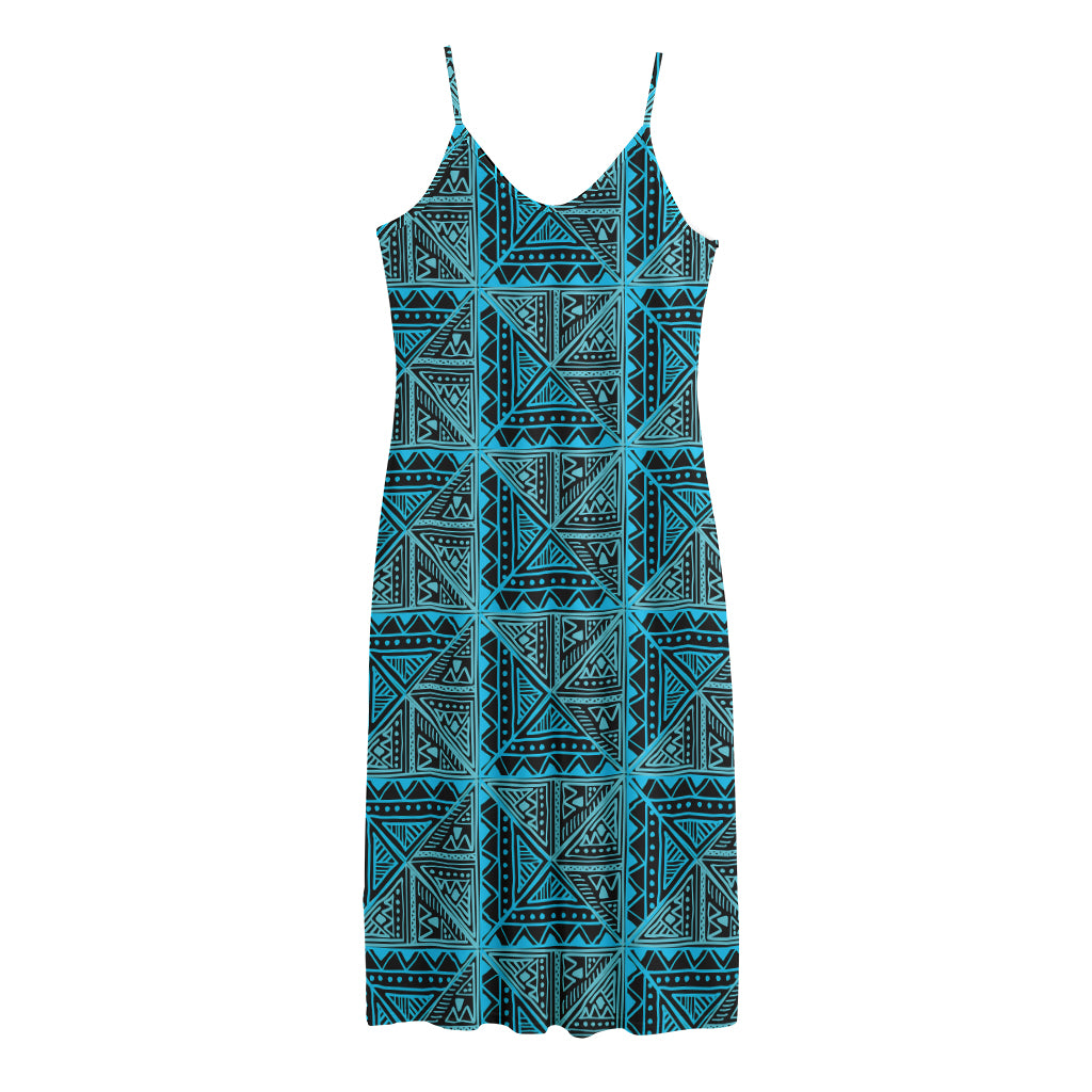 Turquoise African Ethnic Pattern Print Jersey Midi Cami Dress