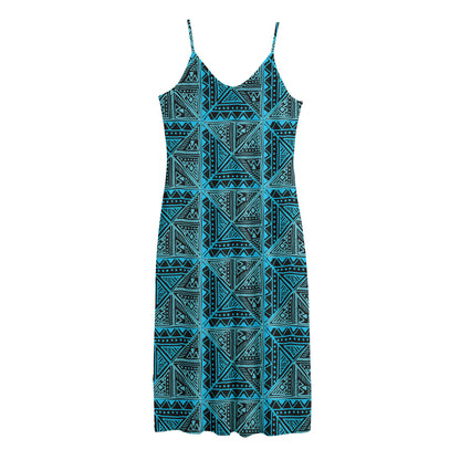 Turquoise African Ethnic Pattern Print Jersey Midi Cami Dress