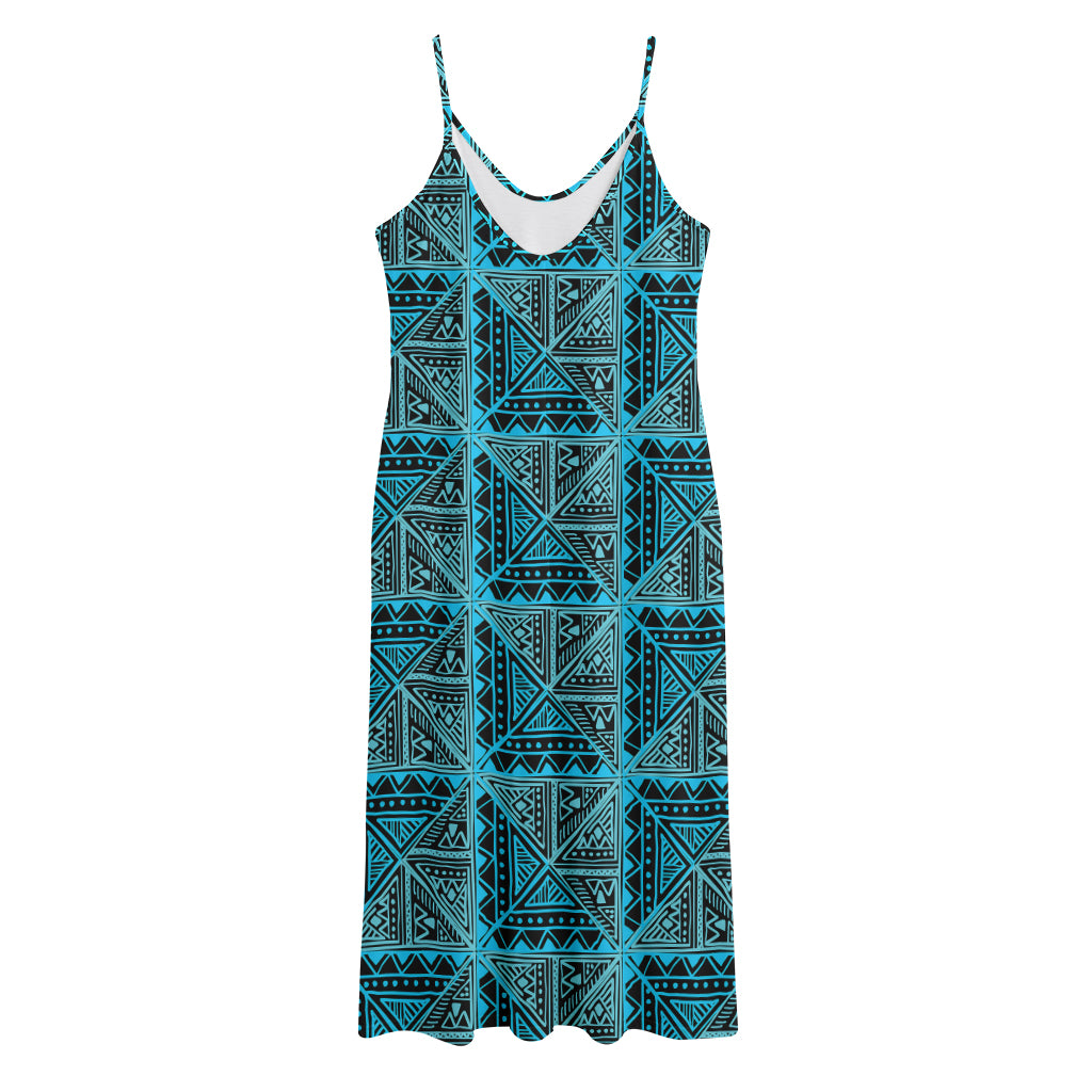Turquoise African Ethnic Pattern Print Jersey Midi Cami Dress