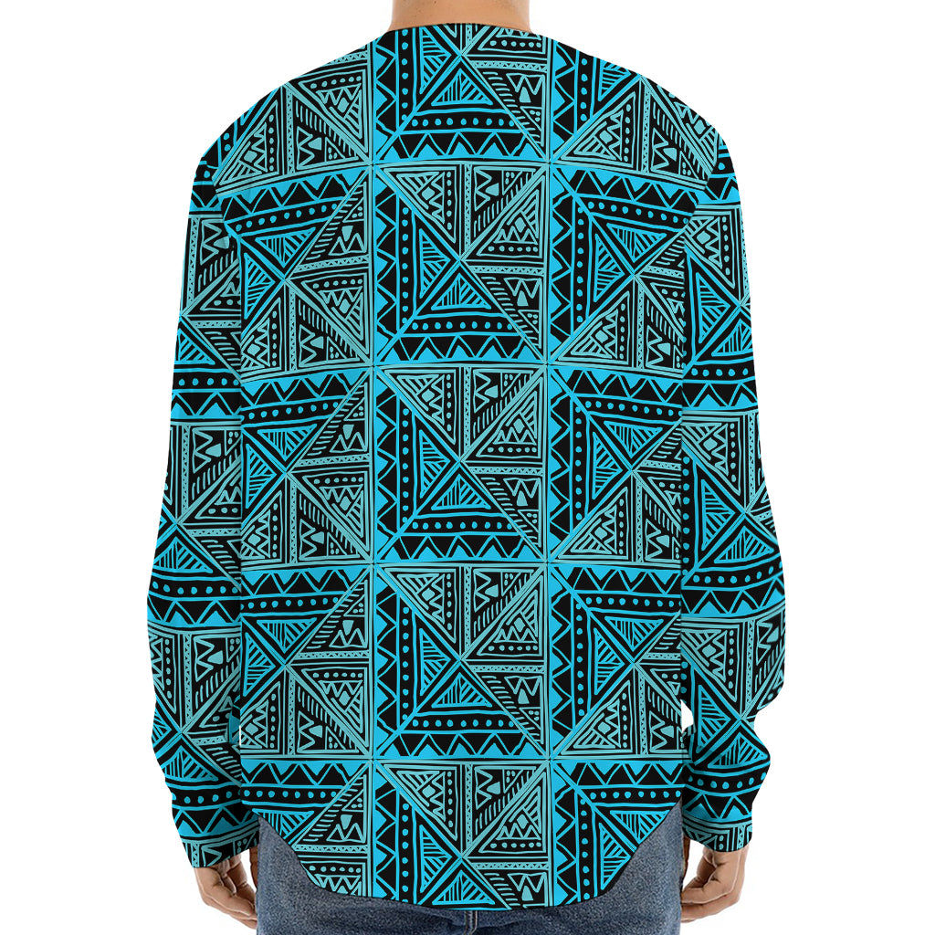 Turquoise African Ethnic Pattern Print Long Sleeve Baseball Jersey