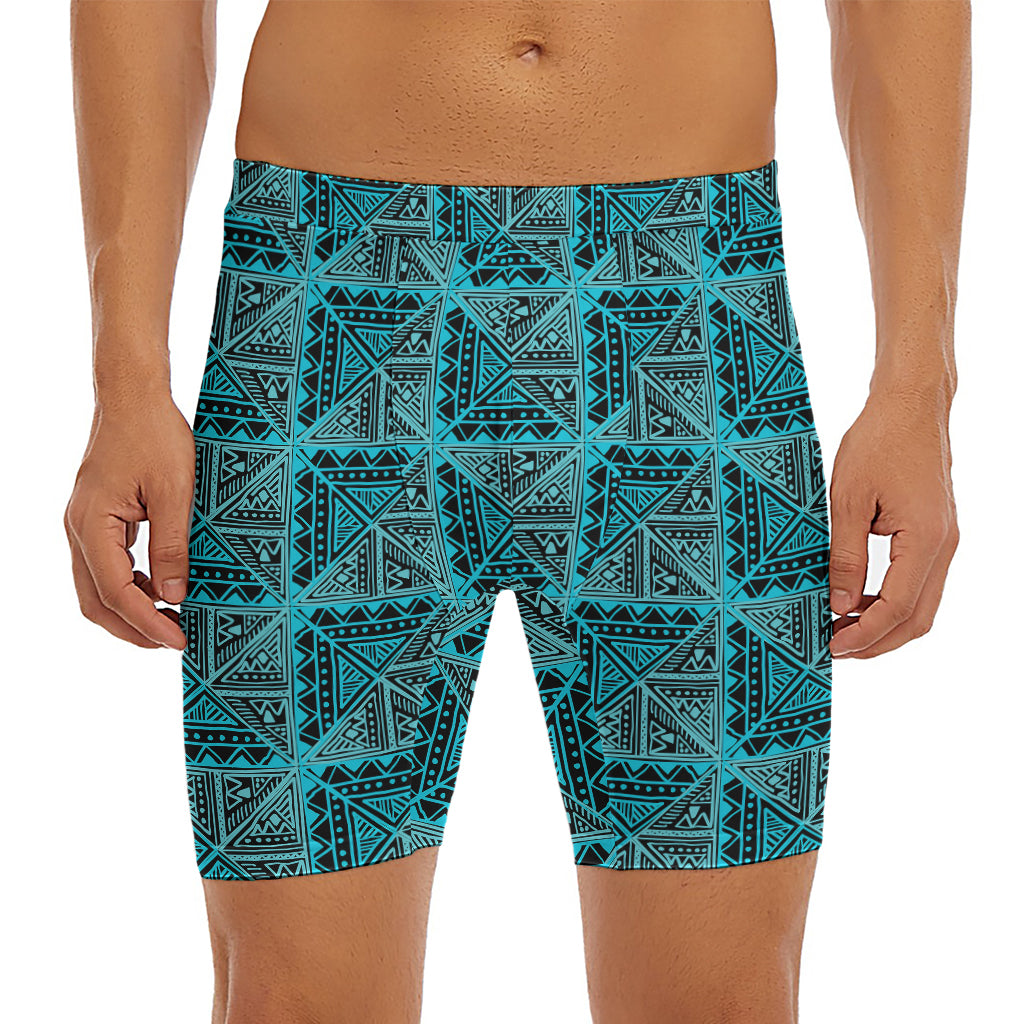 Turquoise African Ethnic Pattern Print Men's Long Boxer Briefs