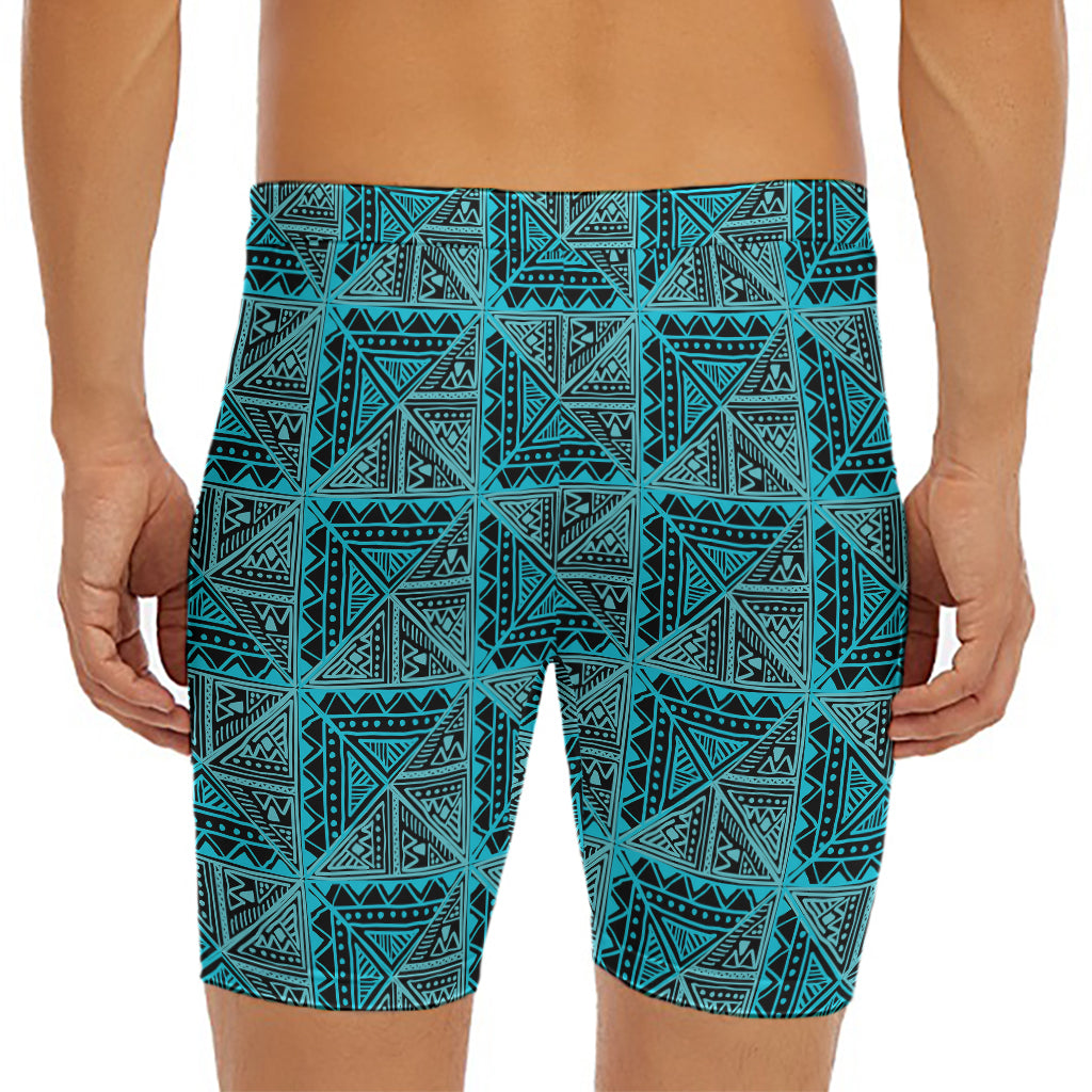 Turquoise African Ethnic Pattern Print Men's Long Boxer Briefs