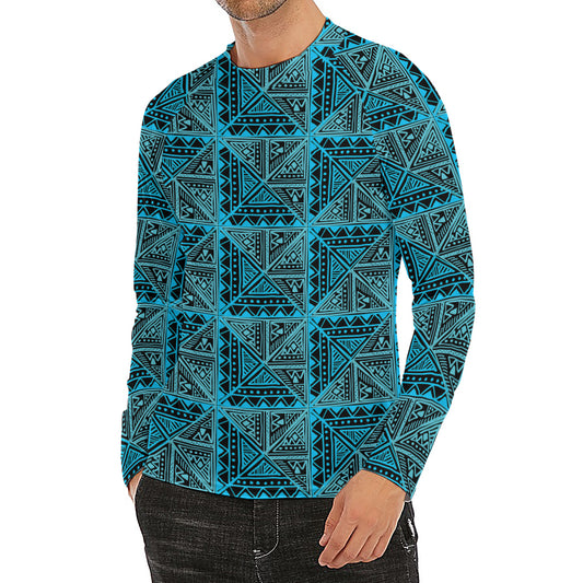 Turquoise African Ethnic Pattern Print Men's Long Sleeve Rash Guard