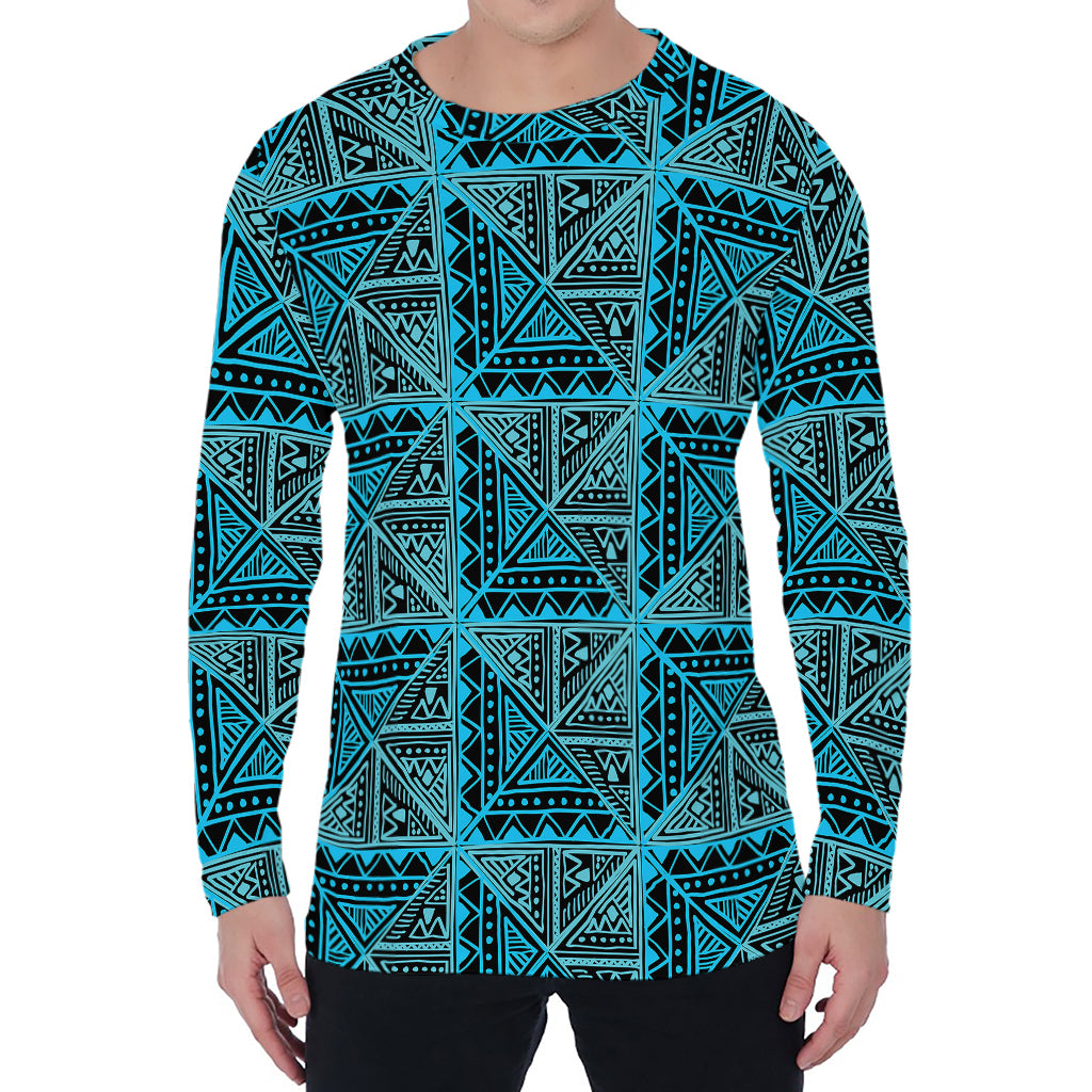 Turquoise African Ethnic Pattern Print Men's Long Sleeve T-Shirt