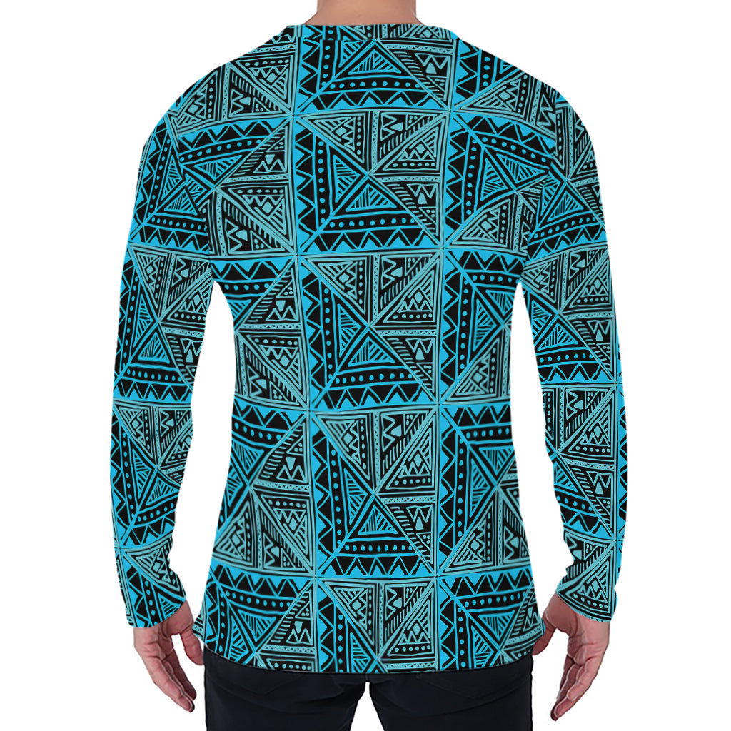 Turquoise African Ethnic Pattern Print Men's Long Sleeve T-Shirt