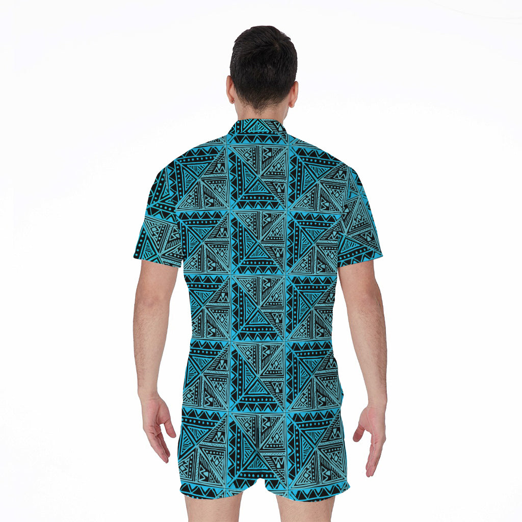 Turquoise African Ethnic Pattern Print Men's Rompers