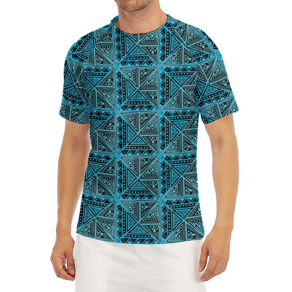 Turquoise African Ethnic Pattern Print Men's Short Sleeve Rash Guard