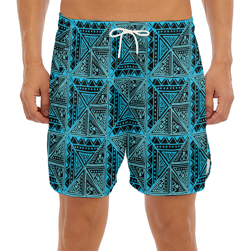 Turquoise African Ethnic Pattern Print Men's Split Running Shorts