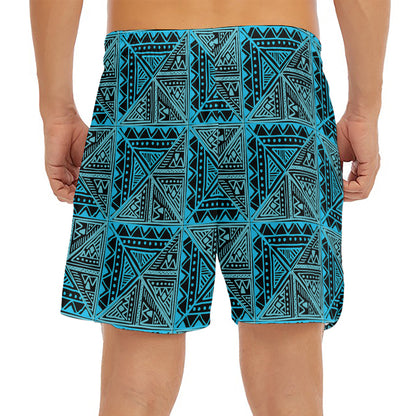 Turquoise African Ethnic Pattern Print Men's Split Running Shorts