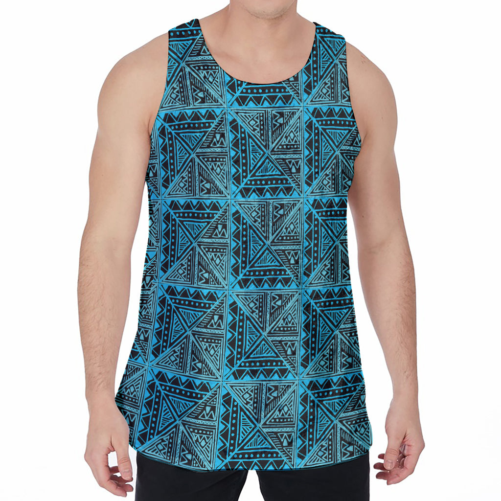 Turquoise African Ethnic Pattern Print Men's Velvet Tank Top