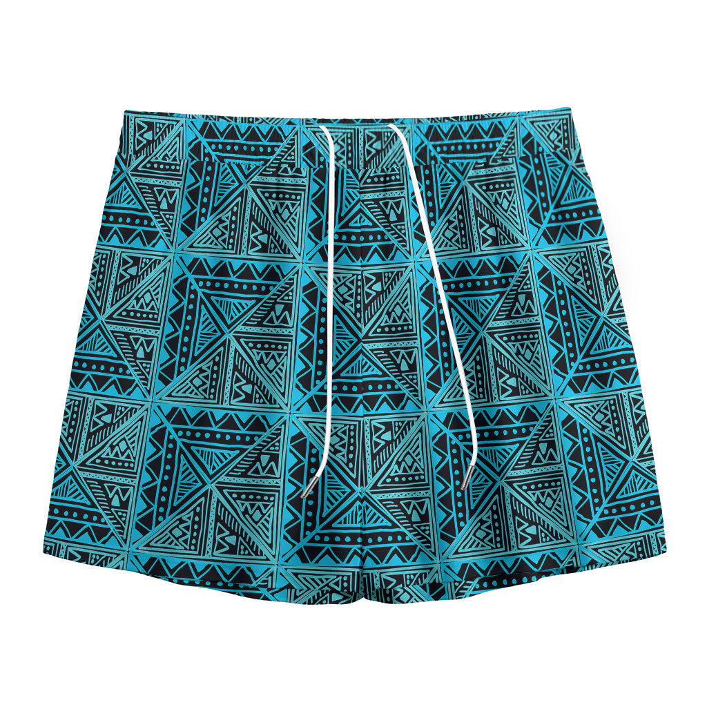 Turquoise African Ethnic Pattern Print Mesh Shorts