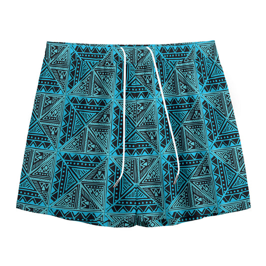 Turquoise African Ethnic Pattern Print Mesh Shorts