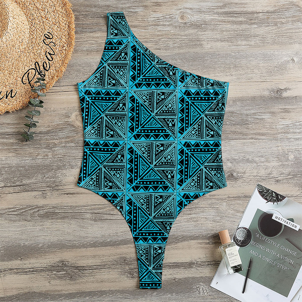 Turquoise African Ethnic Pattern Print One Shoulder Bodysuit