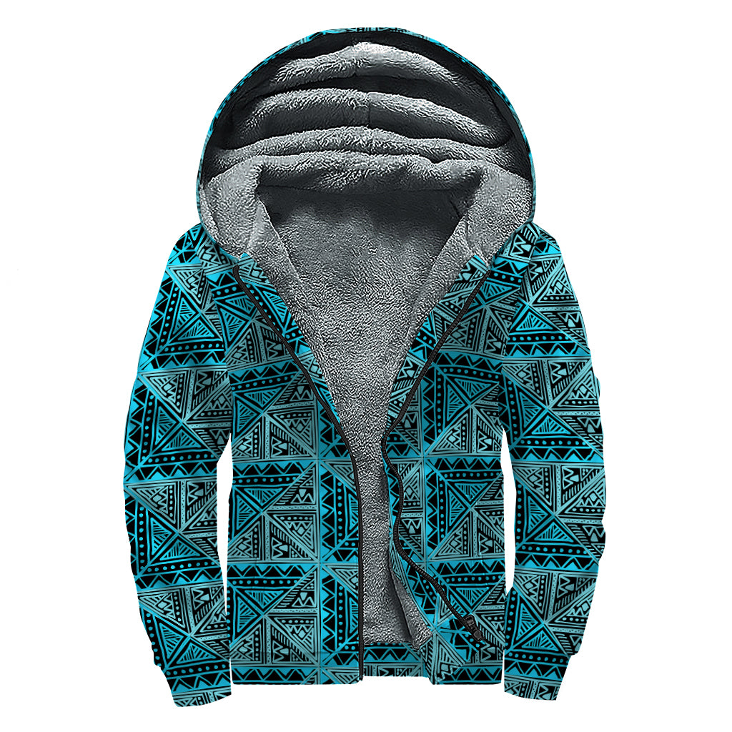 Turquoise African Ethnic Pattern Print Sherpa Lined Zip Up Hoodie