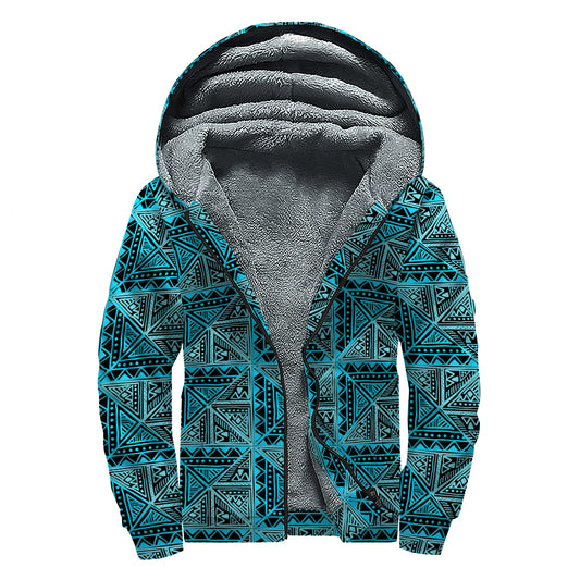 Turquoise African Ethnic Pattern Print Sherpa Lined Zip Up Hoodie