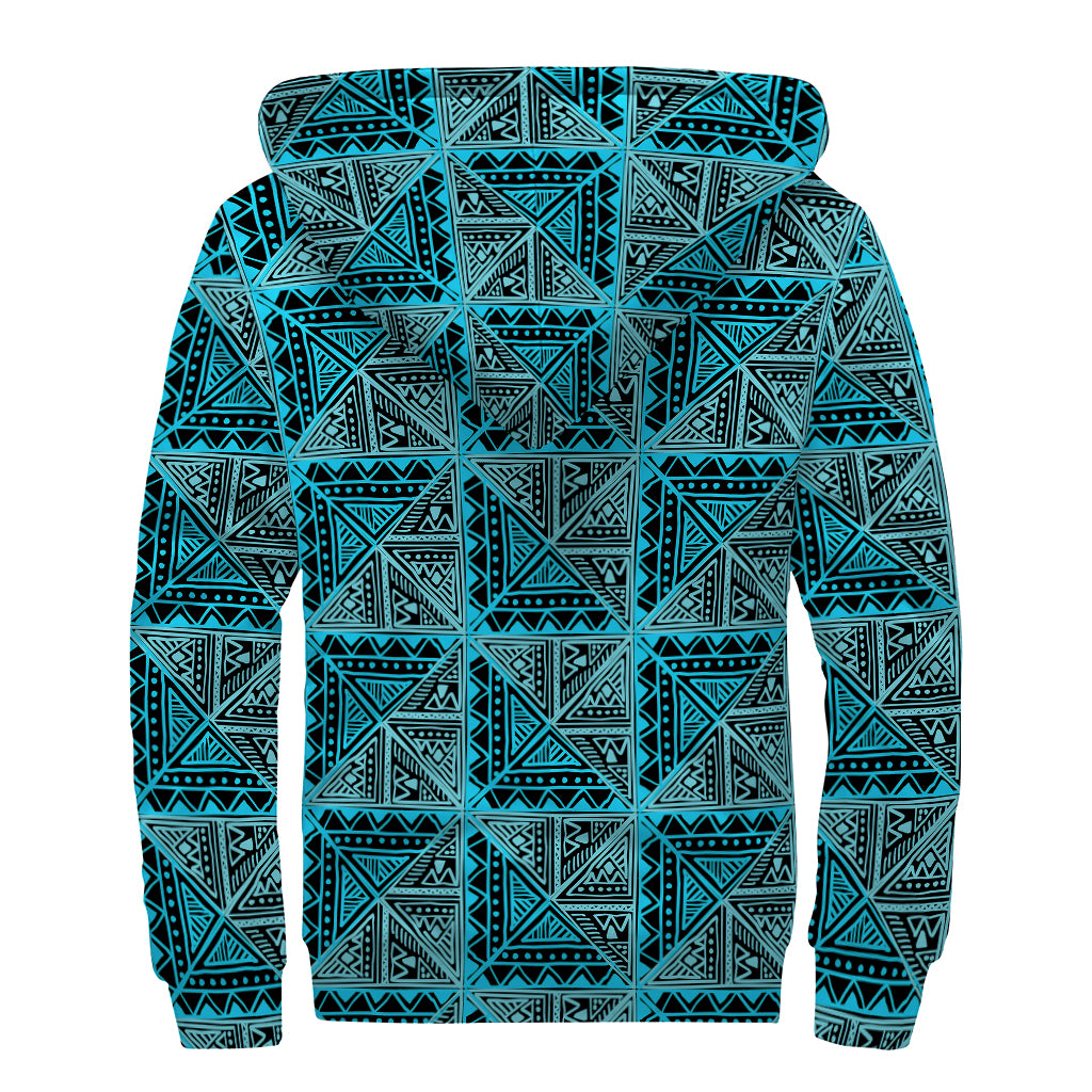 Turquoise African Ethnic Pattern Print Sherpa Lined Zip Up Hoodie