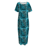 Turquoise African Ethnic Pattern Print Short Sleeve Long Nightdress