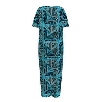 Turquoise African Ethnic Pattern Print Short Sleeve Long Nightdress