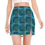 Turquoise African Ethnic Pattern Print Side Slit Mini Skirt
