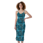 Turquoise African Ethnic Pattern Print Slim Fit Midi Cami Dress