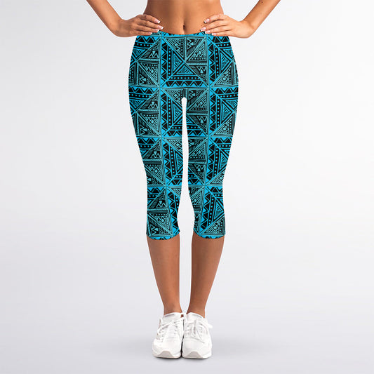 Turquoise African Ethnic Pattern Print Women's Capri Leggings