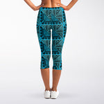 Turquoise African Ethnic Pattern Print Women's Capri Leggings