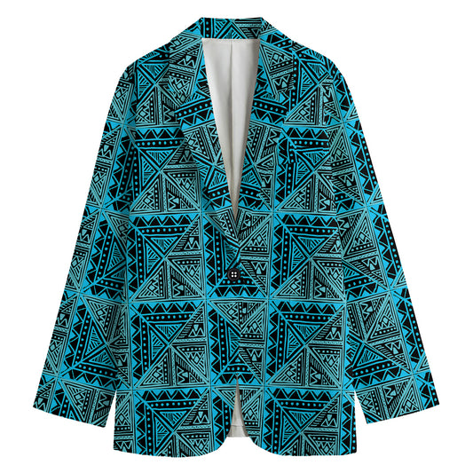 Turquoise African Ethnic Pattern Print Women's Cotton Blazer