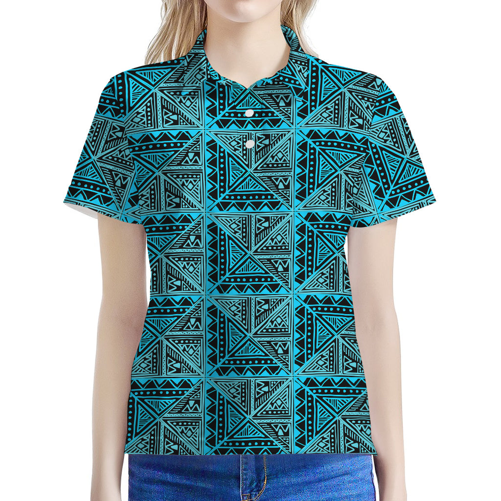 Turquoise African Ethnic Pattern Print Women's Polo Shirt