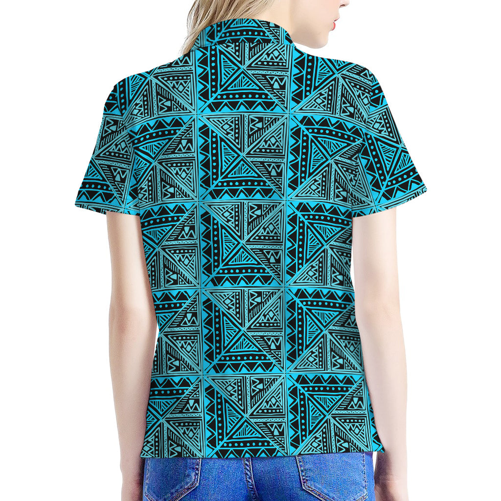 Turquoise African Ethnic Pattern Print Women's Polo Shirt