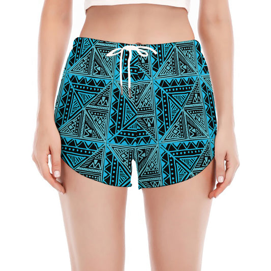 Turquoise African Ethnic Pattern Print Women's Split Running Shorts