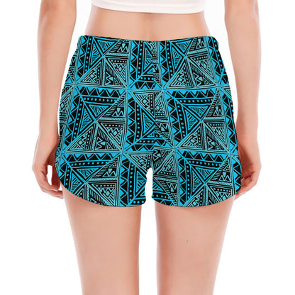 Turquoise African Ethnic Pattern Print Women's Split Running Shorts