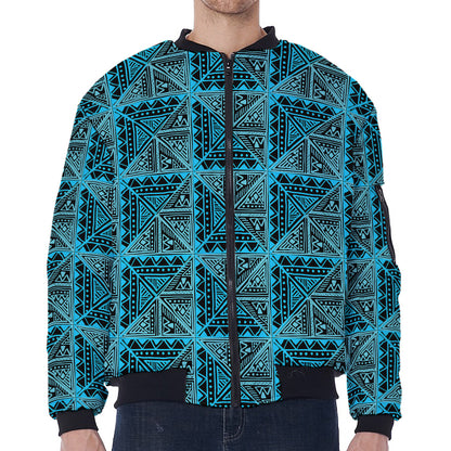 Turquoise African Ethnic Pattern Print Zip Sleeve Bomber Jacket