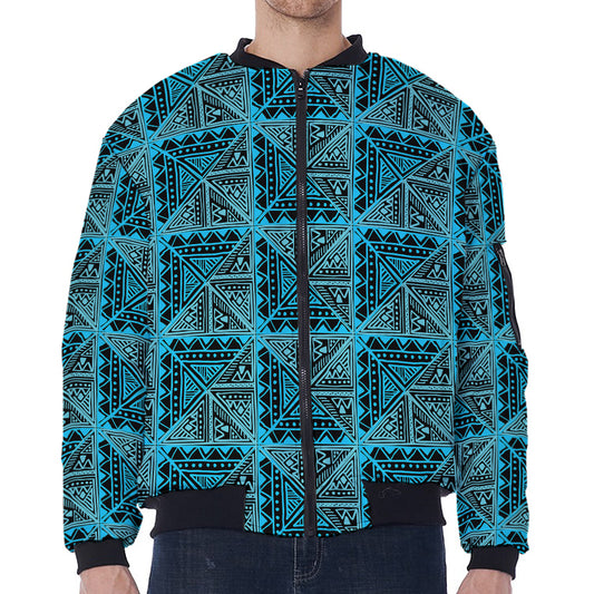 Turquoise African Ethnic Pattern Print Zip Sleeve Bomber Jacket