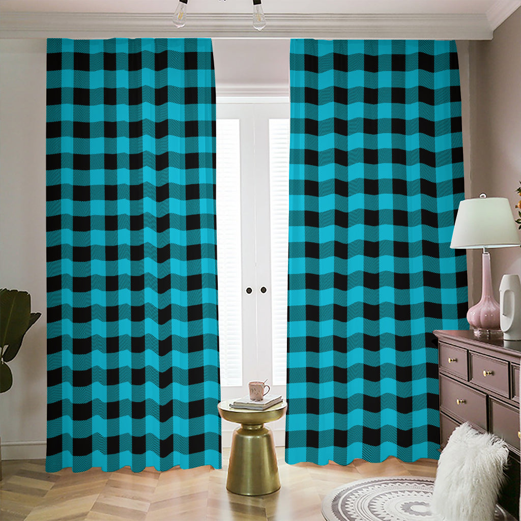 Turquoise And Black Buffalo Check Print Blackout Pencil Pleat Curtains