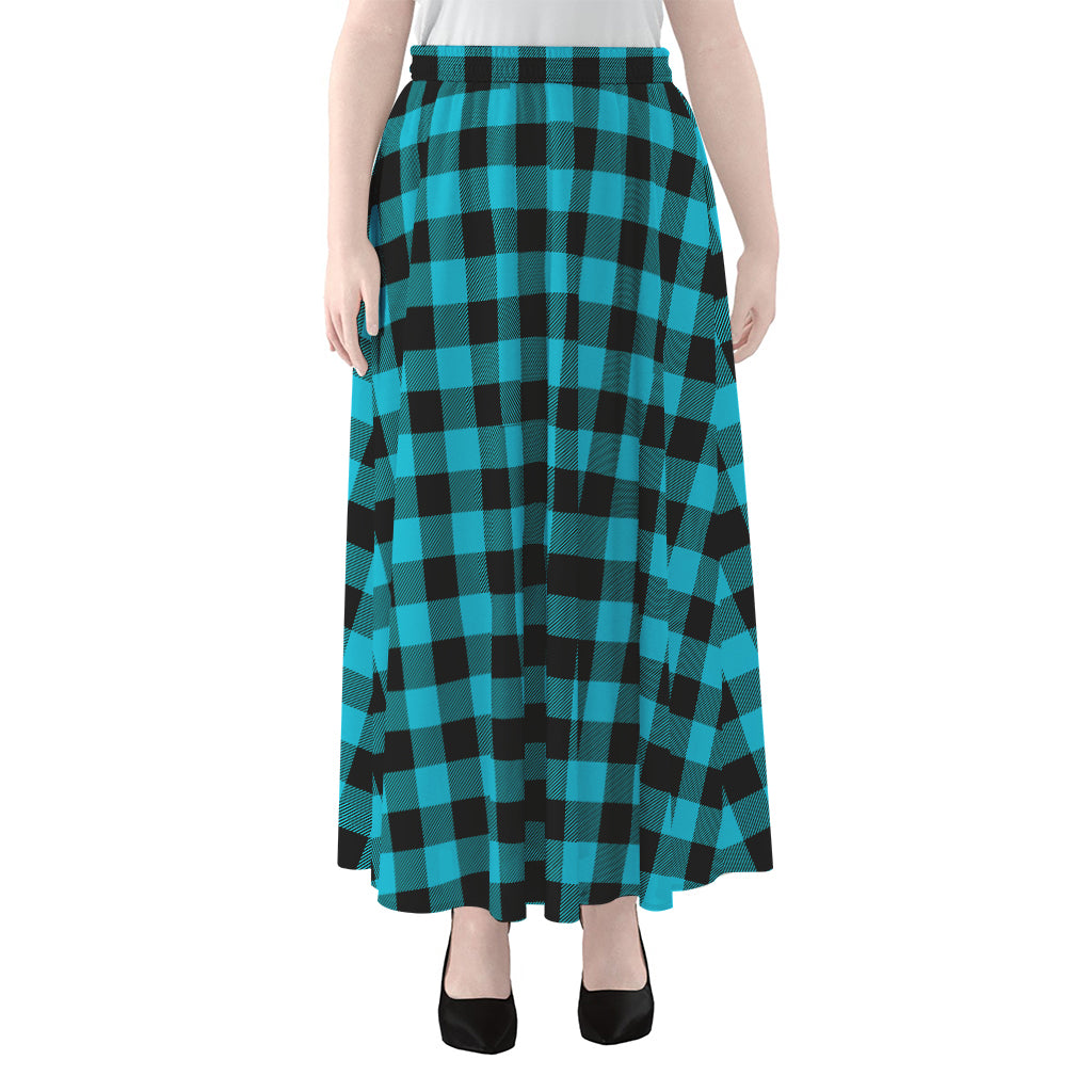 Turquoise And Black Buffalo Check Print Chiffon Maxi Skirt