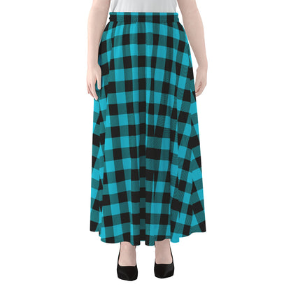 Turquoise And Black Buffalo Check Print Chiffon Maxi Skirt