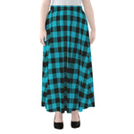 Turquoise And Black Buffalo Check Print Chiffon Maxi Skirt
