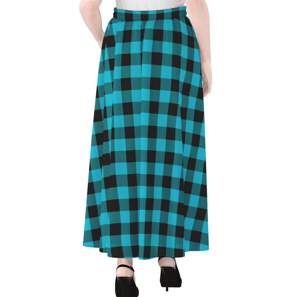 Turquoise And Black Buffalo Check Print Chiffon Maxi Skirt