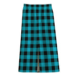 Turquoise And Black Buffalo Check Print Cotton Front Slit Maxi Skirt