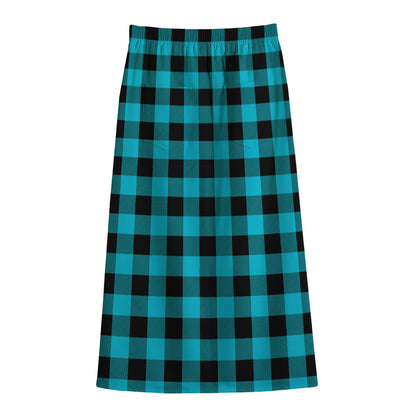Turquoise And Black Buffalo Check Print Cotton Front Slit Maxi Skirt